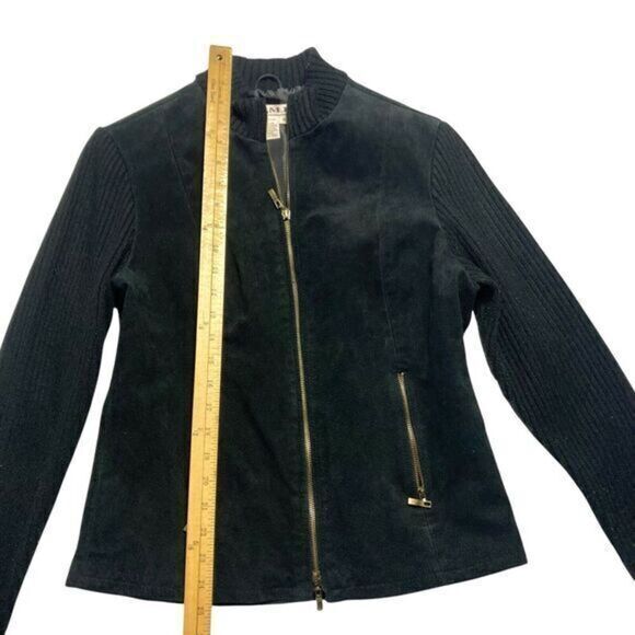 AMI Leather Moto Jacket Women Size Medium Black Suede Full Zip Up Pockets Bomber - Picture 11 of 13